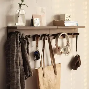 Wall-Mounted Wooden Entrance Coat Rack Hooks with Wall Shelf, Walnut Color Finish A-2