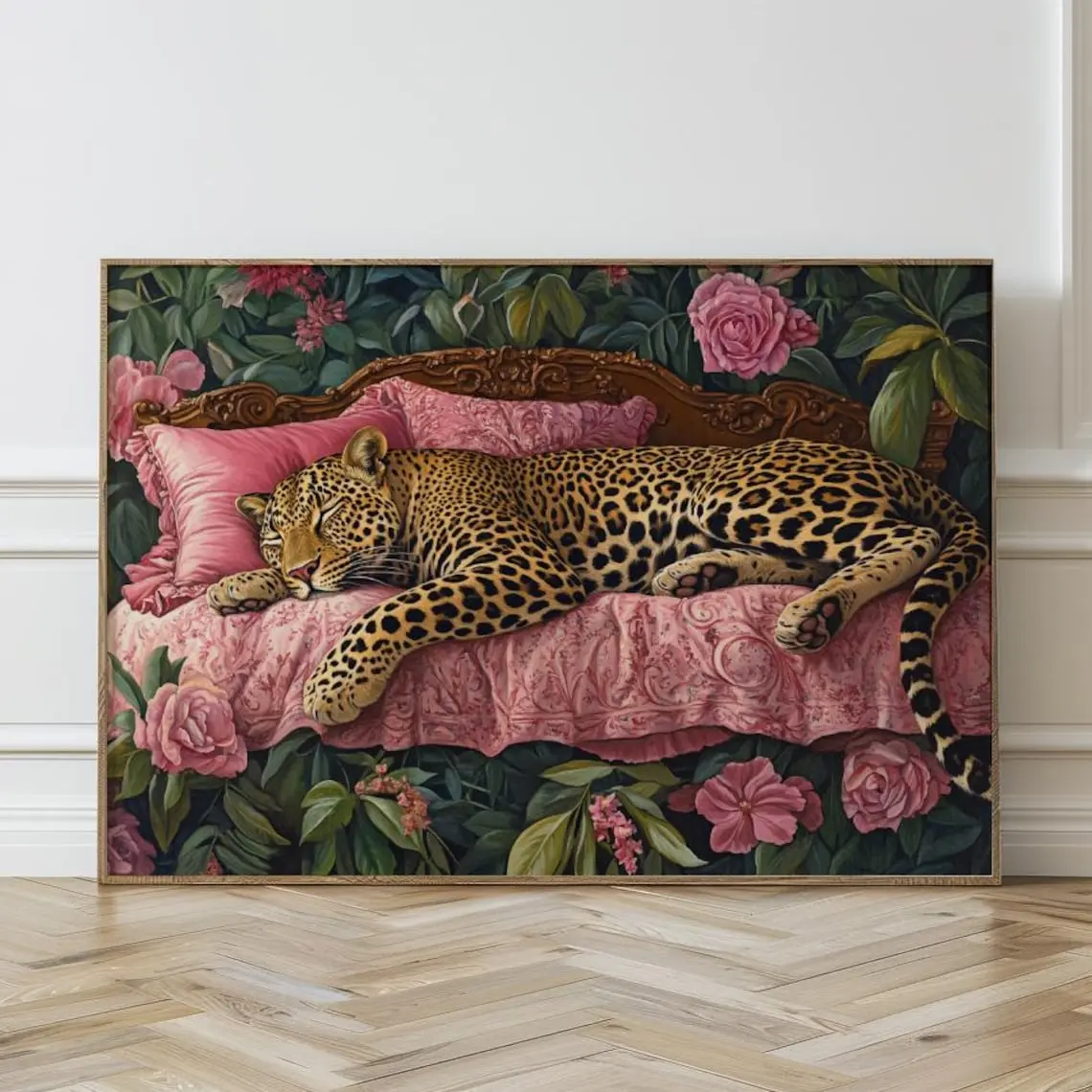 Sleeping Leopard Wall Art, Vintage Leopard Poster, Animal Painting, floral wall art, Funky, Dopamine Aesthetic Wall Art, Cheetah, Boho, Maximalist Decor, dorm wall decor