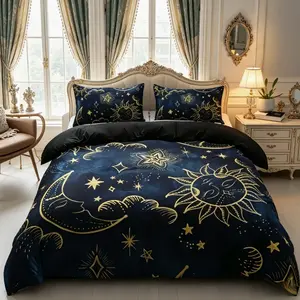 3PCS Sun and Moon themed duvet cover set in mysterious retro black and gold tones, full of vintage astrological charm.Set includes 1 duvet cover + 2 pillowcases (no fillers ).Perfect for bedroom and guest room decoration, and a great gift for friends.