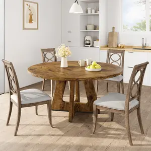 47in Round Wooden Dining Table for 4-6 People, Circle Dinner Table with Cross Pedestal Base, Vintage Farmhouse Furniture for Dining Room, Living Room, Kitchen, Table Only