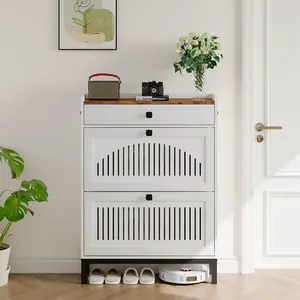 Wooden Shoe Cabinet, 2 Flip Drawers & 1 Large Drawer with Adjustable Shelf – Hidden Entryway Storage Organizer for Hallway, Living Room, Closet