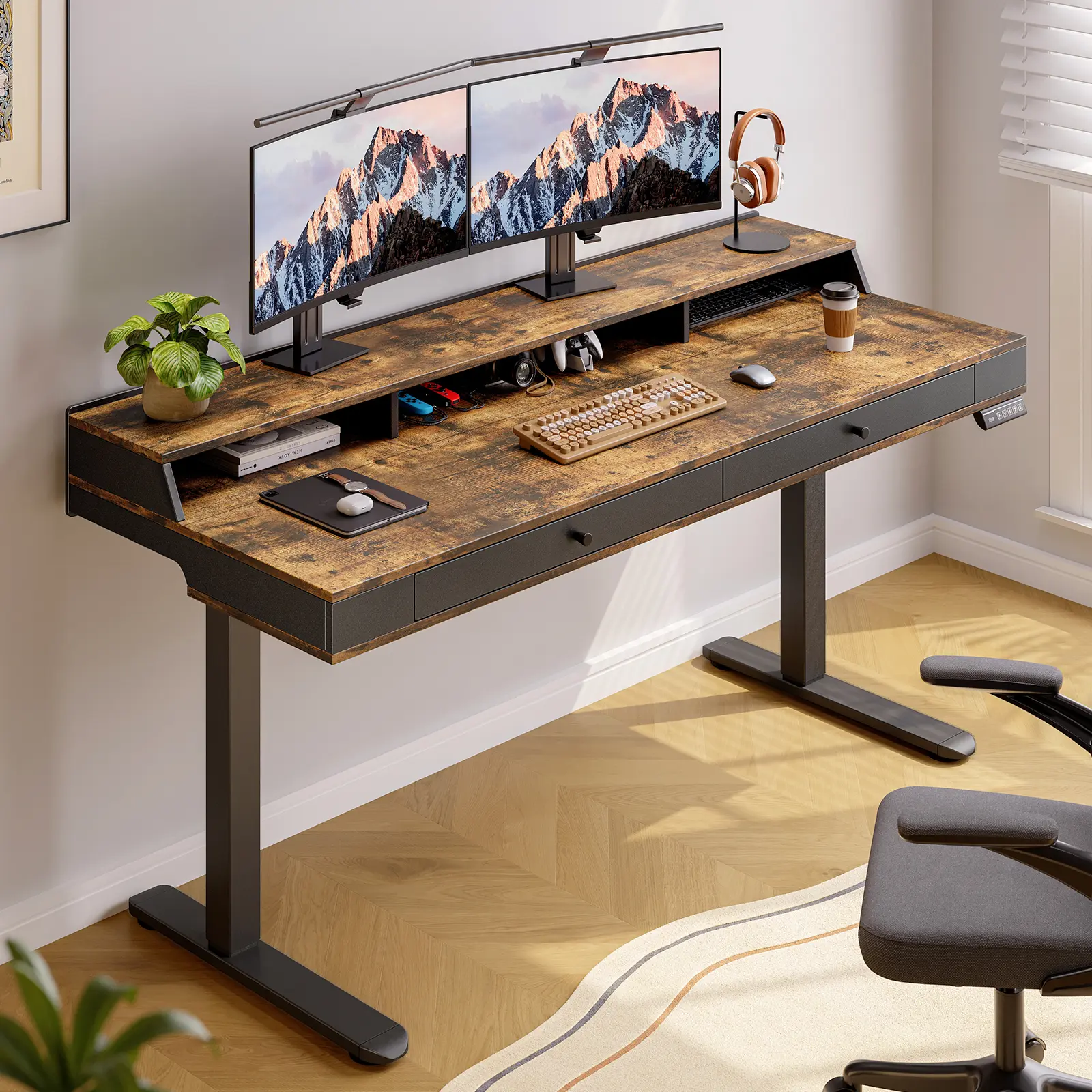 【SummerFinds】ONBRILL Standing Desk with Drawers, 63x23.6 Electric Stand Up Desk with Storage Shelf and Memory Controller, Sit Stand Desk Adjustable Height from 28-46" for Computer Workstation