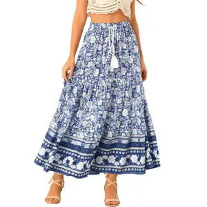 INSPIRE CHIC Women's Summer Floral Boho Tassels Elastic Waist Casual Maxi Skirts Blue X-Small