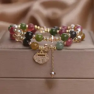 Double Layer Rainbow Tourmaline Round Bead Bracelet, Bohemian Jewelry for Daily Wear, Yoga, Gifting, Featuring Longevity Lock Charm, Color Design