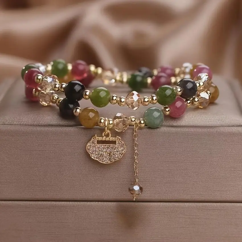 OP Double Layer Rainbow Tourmaline Round Bead Bracelet, Bohemian Jewelry for Daily Wear, Yoga, Gifting, Featuring Longevity Lock Charm, Color Design