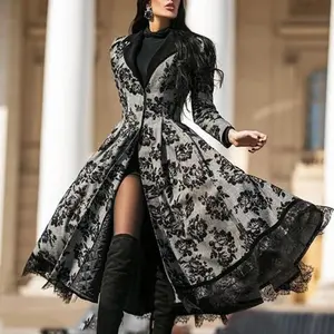NewA large-sized retro long trench coat with lace patchwork for women in winter 2025 Womenswear Jackets