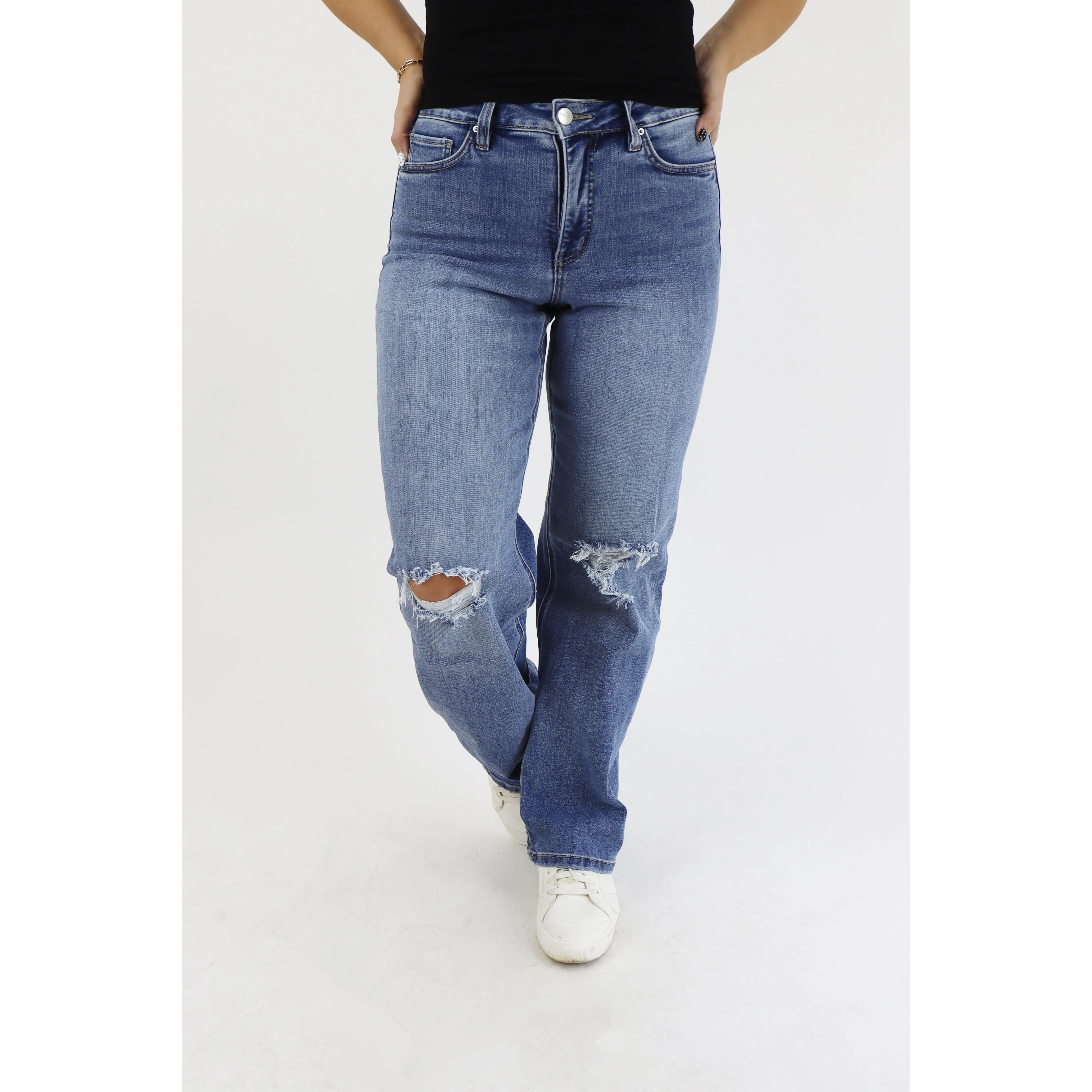 Tummy Control Wide Leg Jeans - Medium Distressed