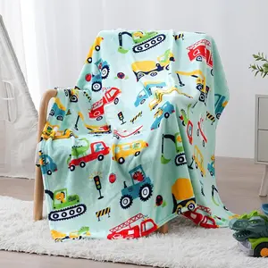 Kids’ Dinosaur & Construction Vehicle Flannel Throw Blanket, Ultra Soft Cozy Fleece Blanket with Excavator & Fire Truck Print, All-Season Blanket for Toddler Boys’ Bedroom & Nursery
