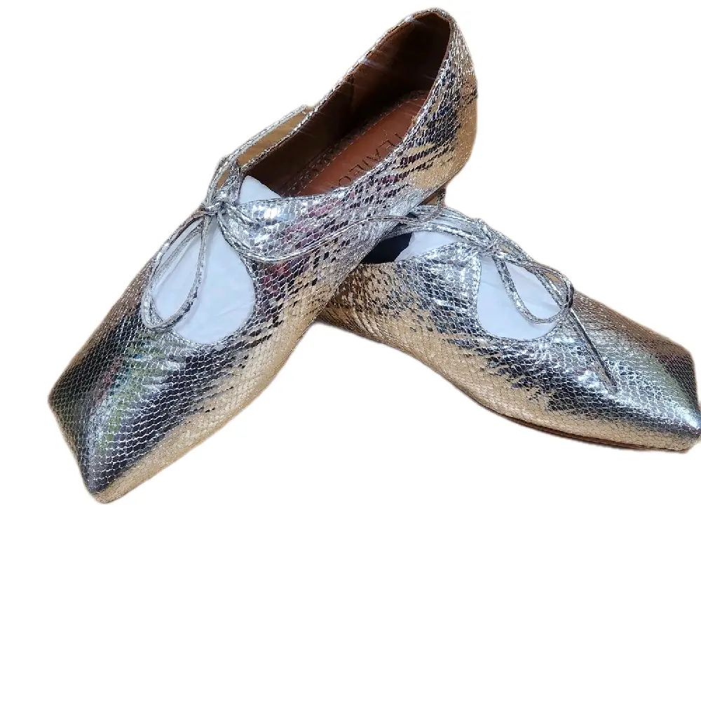Women's Silver Metallic Ballet Flats with Ankle Tie Detail size 7.5