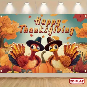 2D Flat 1pc 2D Flat Happy Thanksgiving Polyester Banner with Dual Turkey Design Vibrant Durable Wall Decor for Fall Holiday Parties Easy to Hang Ornaments Hanging