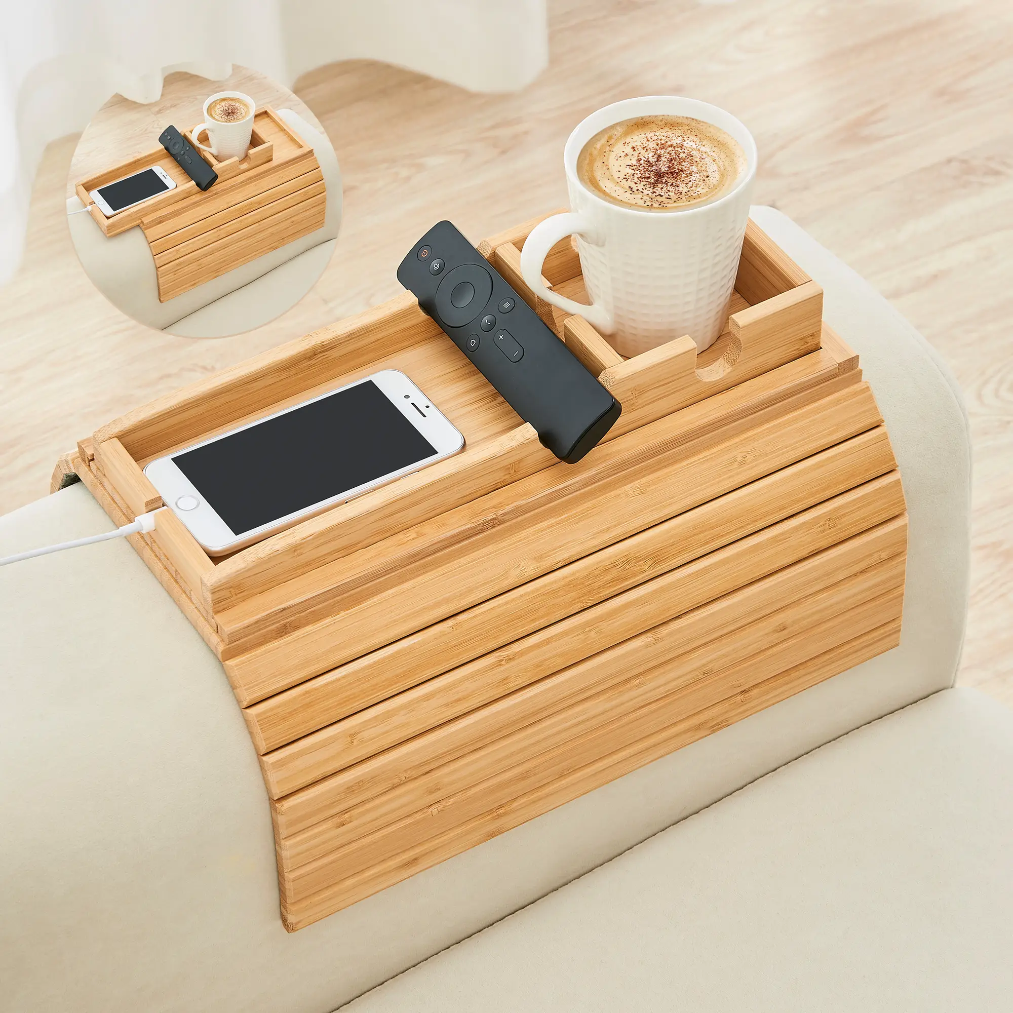 GEHE Bamboo Sofa & Couch Cup Holder Tray, Sofa Arm Tray Tbale, Arm Chair Table, Service Table for Drinks/Phones/Snacks Family-Safe Anti-Spill Design |