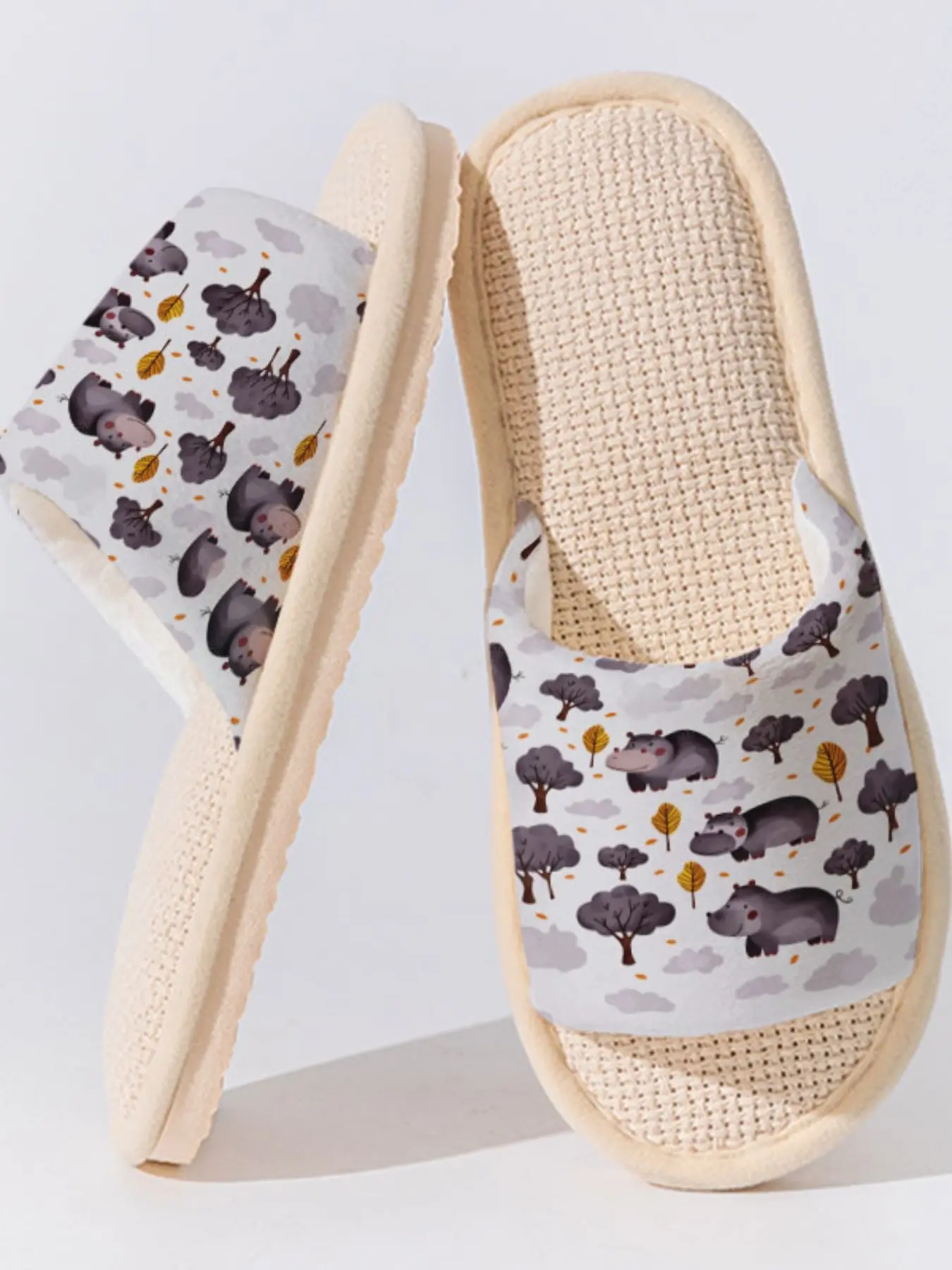 Cute Hippo Autumn Pattern 1 pair Non-slip Breathable Linen Slippers, Casual Cozy Lightweight All Season Home Shoes for Women Men Family Guest Daily Wear