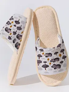 Cute Hippo Autumn Pattern 1 pair Non-slip Breathable Linen Slippers, Casual Cozy Lightweight All Season Home Shoes for Women Men Family Guest Daily Wear