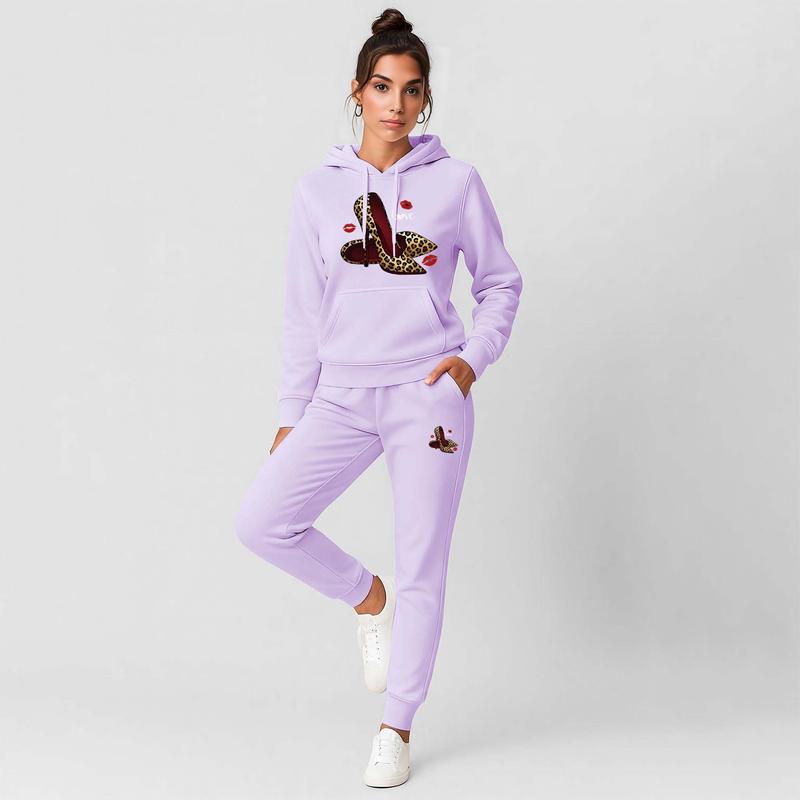 Women's Leopard Print Love High Heels Hoodie And Drawstring Track Pants Set, Casual Sportswear, Long-Sleeved Hooded Jacket And Pants, Suitable For Autumn And Winter, Everyday Wear, Indoor And Outdoor Sportswear, Casual Sportswear.