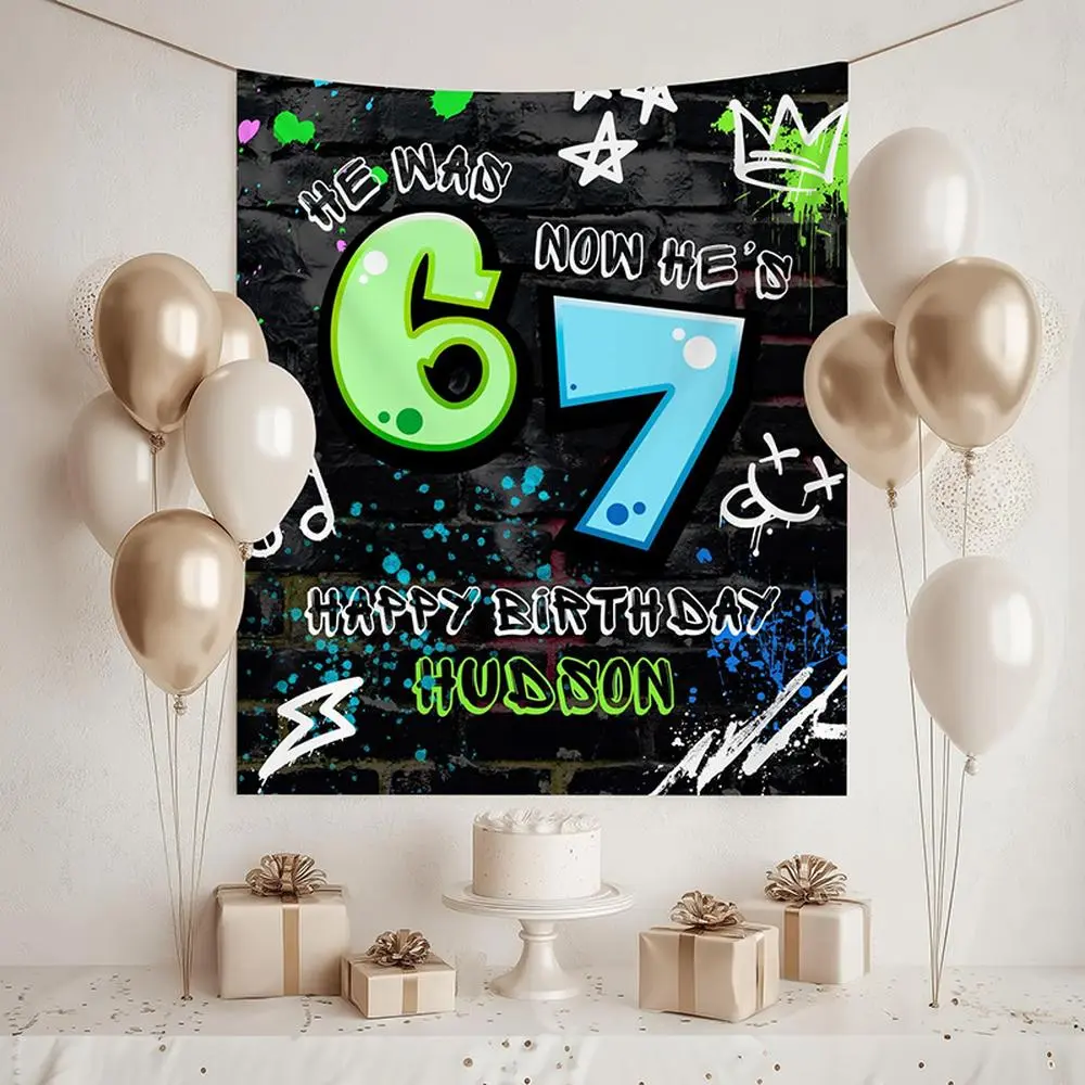 Kids' Multicolor Printed Custom 2D Flat Graffiti-Style Polyester Reusable 1-Piece Birthday Banner - Personalized Name & Age, 6-7 Themed Party Decoration, Hanging Cloth Backdrop for Wall, Door & Photo Booth