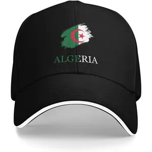 Unisex Algerian Flag Brush Sandwich Cap - Adjustable, Casual, Everyday Trucker Dad Hat for Men Women, Fits Most Head Sizes, Hand Wash Only, Black Peaked Fashion Outdoor Golf Sunhat