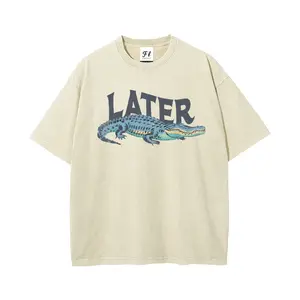 Unisex Alligator "Later" Art Pattern Washed Vintage T-Shirt - Wash Cotton Retro Streetwear Aesthetic