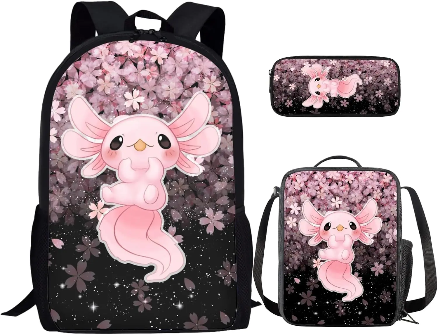 Ystardream Purple Baby Axolotl 3-in-1 17in Elementary Girl's Back to School Bag Set - Lightweight Polyester Waterproof Gym/Shoulder Bookbag with Lunch Box, Pencil Case (for 10-12 Year-Olds), Daily Study, Female, Backpacks For School, Girly Aesthetic, Wate