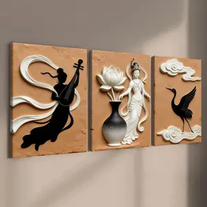 3-count wooden frame canvas, flying fairy and lotus crane art poster, healing decoration, fashionable family poster, modern living room decoration, suitable for corridor and bedroom walls, waterproof art