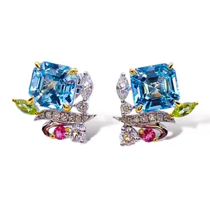 Blue Topaz 8.36 Carat Assorted Cut Tri Color Earring Studs - Elegant Design for Everyday Wear