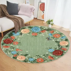 GARVEE 4ft Floral Washable Round Area Rug - Soft, Non-Slip, Non-Shedding Boho Circle Carpet with Low Pile, Foldable and Thin Mat for Indoor Use in Bedroom, Living Room, Bathroom, Nursery, Kitchen, Under Table - Green