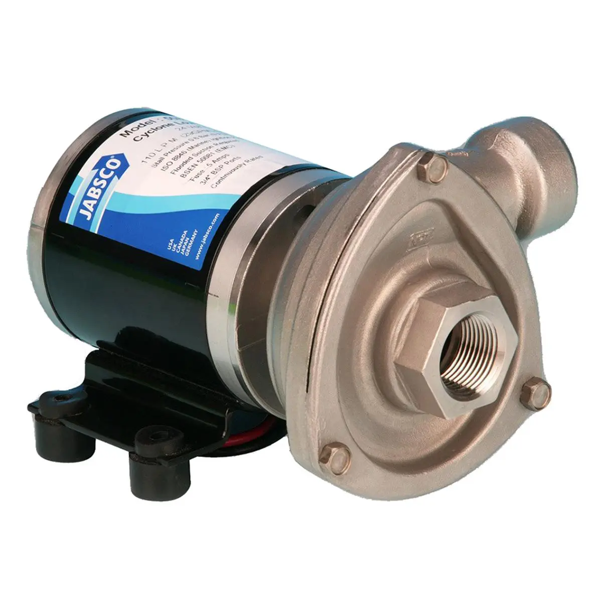Jabsco 50840-0024 Low Pressure Cyclone Centrifugal Pump - 24V, 110 L/min, 2m Suction Lift, 3/4" Pipe Threads, 7.2 lbs, Anti-Clog Impeller, Continuously Rated Motor, Marine & USCG Regulations Compliant, Durable Pump Body, Reliable Shaft Seal