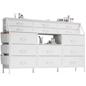 GARVEE Multi-Functional White Dresser and TV Stand with 14 Fabric Drawers, Metal Frame, Wood Top, and Open Shelves for Bedroom, Living Room, and Closet Storage