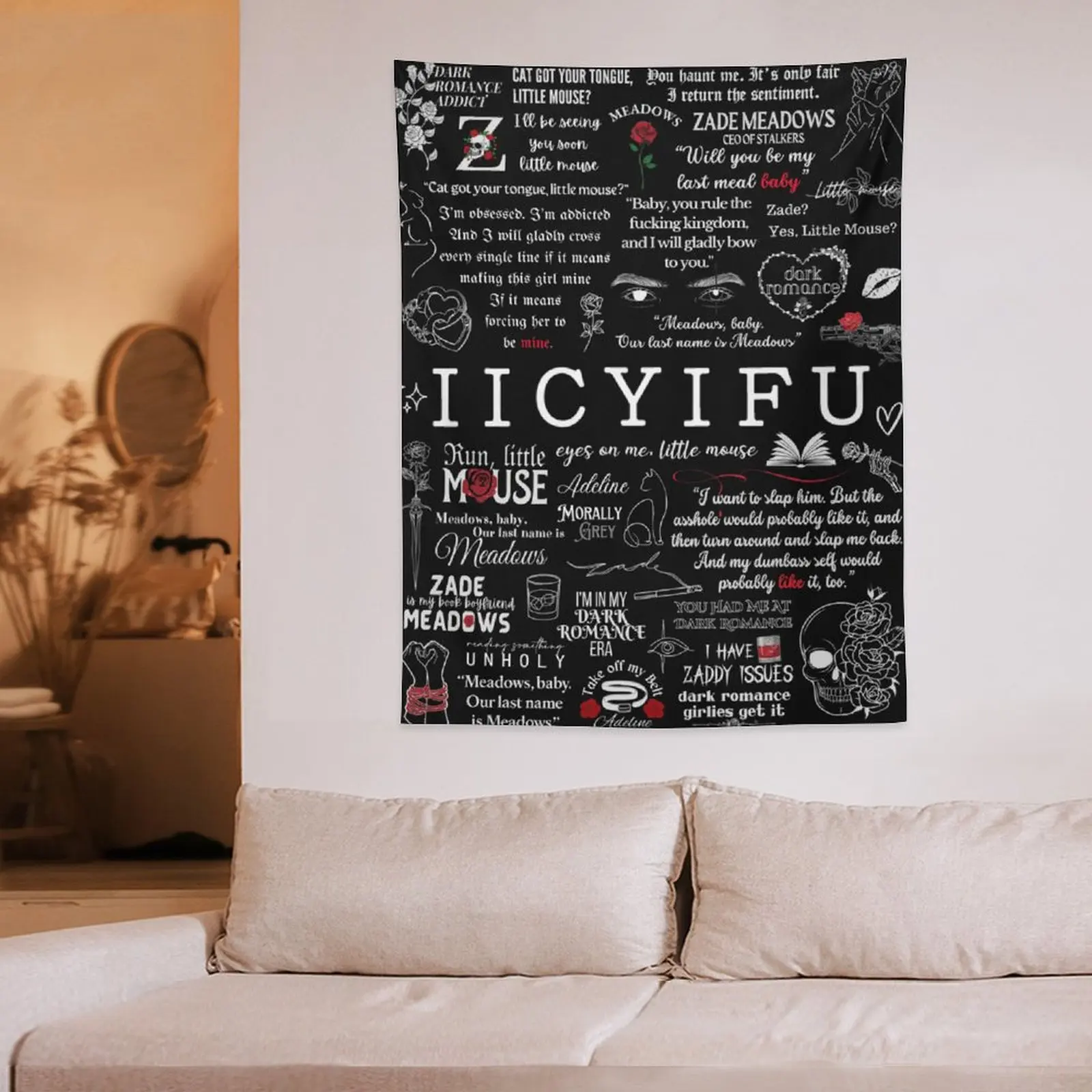 Iconic Bookish Statement Tapestry, Haunting Adeline Inspired Quote Decor, Relatable Dark Romance Illustration for Bookshelf Background, High-Quality Beverage Mug and Fabric Hanging