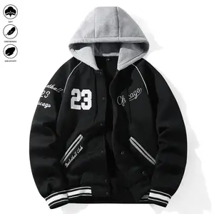 Men's Casual Hooded Baseball Jacket , Front Pockets, Machine Washable, Autumn Winter Outdoor Sportswear, Autumn Apparel, Sporty Look, Zipper Closure