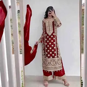Indian Pakistani Casual Dress - Women's Summer Wear with Long Sleeves and Red Color Blocking Design - Womenswear