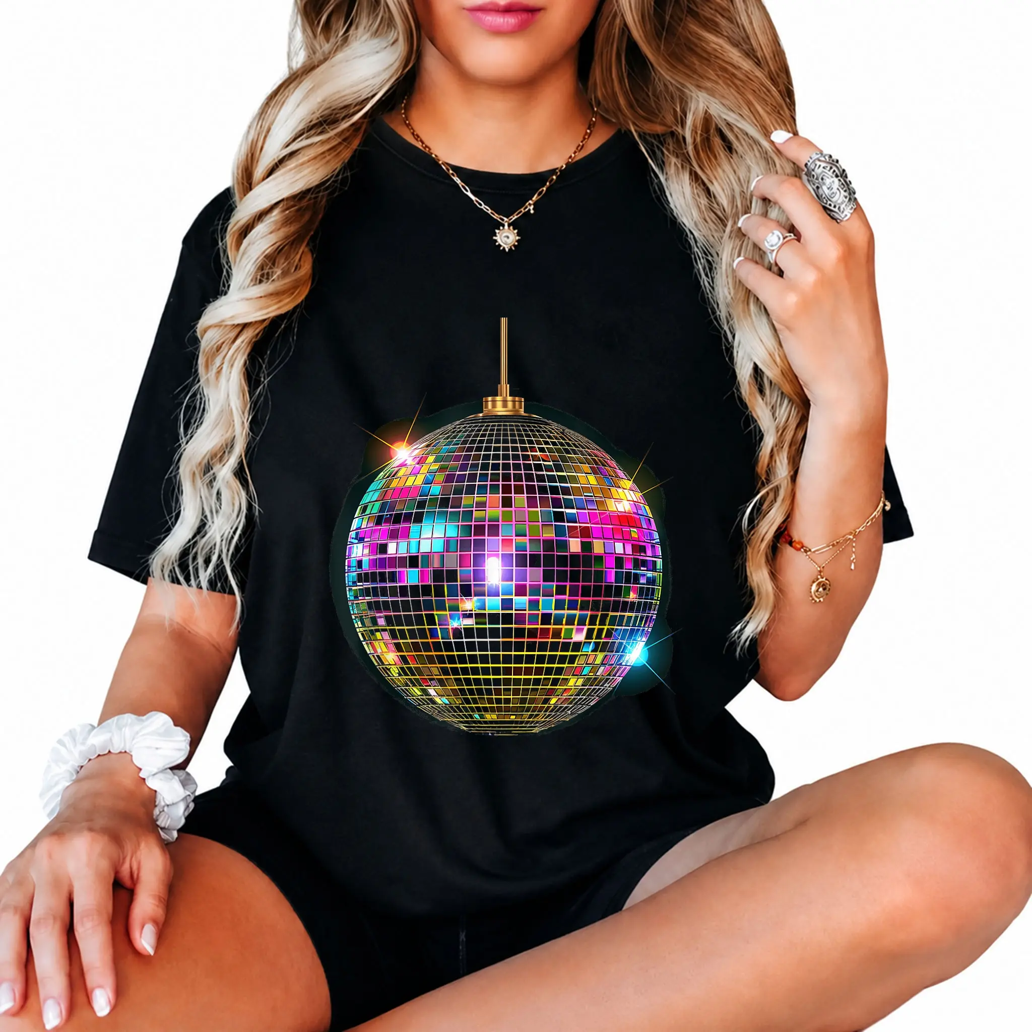 Women's Retro Disco Ball Graphic T-Shirt, 100% Cotton Casual Streetwear Top for Parties and Everyday Wear, Tshirt, Lady, Casual Fit