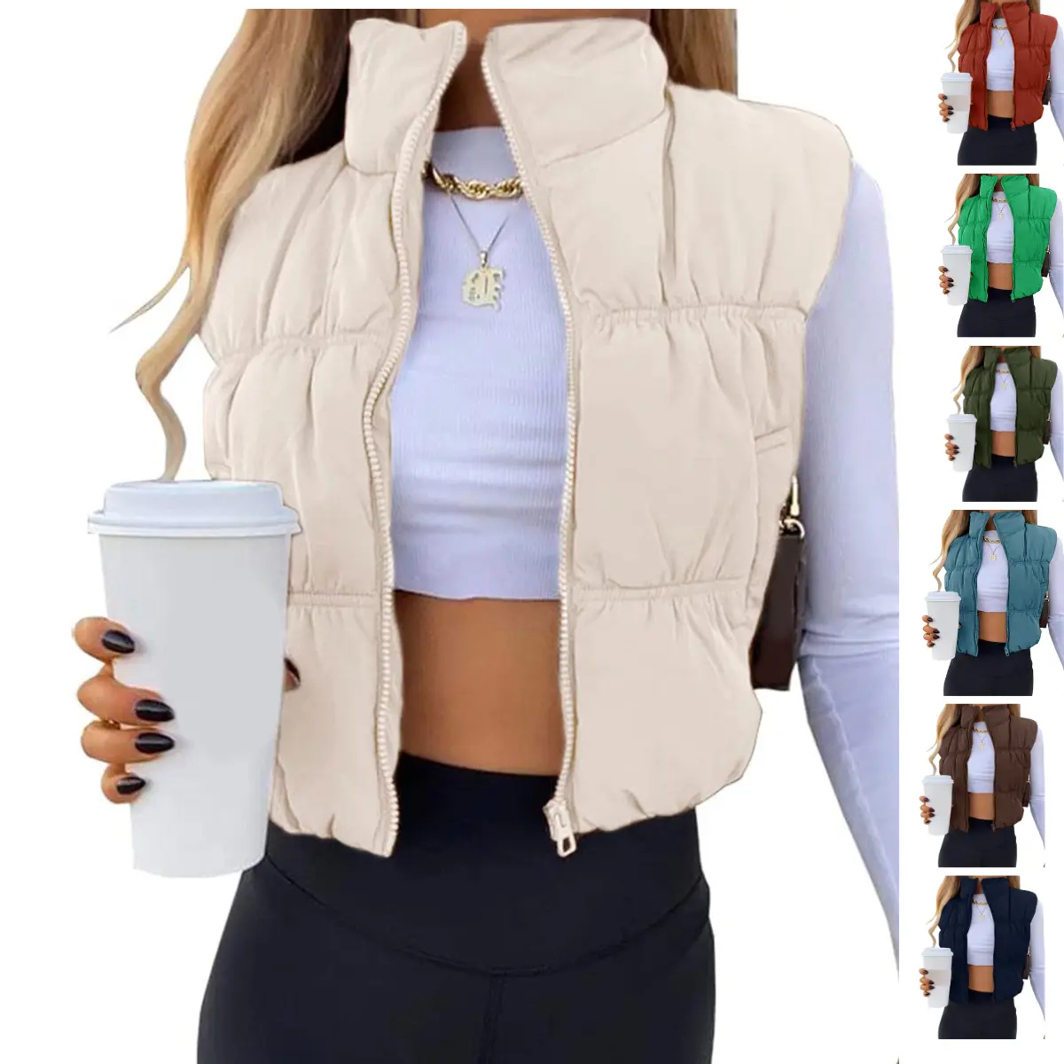 Ommig Women's Retro Casual Cropped Zip‑Up Puffer Vest Stand Collar Sleeveless Lightweight Padded with Pockets Ommig Women's Retro Casual Cropped Zip‑Up Puffer Vest Stand Collar Sleeveless Lightweight Padded with Pockets