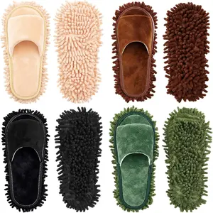 4 Pair Washable Microfiber Mop Slippers Detachable Dusting Shoes for Floor Cleaning, Office &  Use Suitable for Women & Men(Beige,Brown,Black,Gray,M Size)