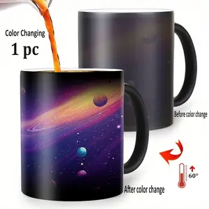 1pcs 11oz Matte Color Changing Mug, Heat Sensitive Coffee Cup with Space Planets Pattern, Perfect Gift for Aurora Lovers, Ceramic Printed Drinkware