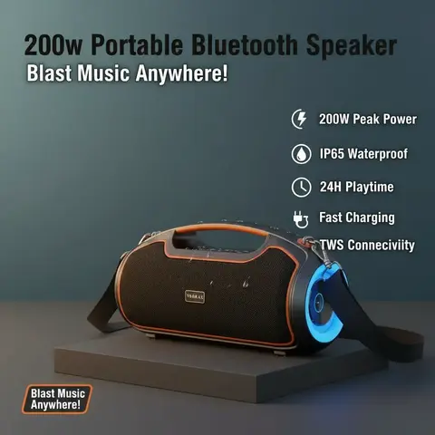Portable Bluetooth Sound Box - 200W+ Powerful Rechargeable Batteries Speaker with 12000mAh, 2 Subwoofers, 2 Tweeters, DSP, Bass Boost, IP65 Waterproof, 24H Playtime, Fast Charging, TWS, TF, USB, AUX for Parties, Outdoor Use, Rechargeable Batteries Speaker