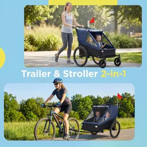 Aobtkel 2-in-1 Kids Bike Trailer & Jogging Stroller for 1-2 Toddlers, Foldable Compact Storage, Universal Bike Hitch, 5-Point Harness, Storage Bags, Dark Blue, Jogging Stroller For Toddler