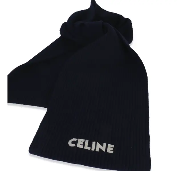 Pre-owned Celine Navy Ribbed Wool Logo Appliqued Scarf