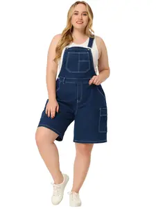 Agnes Orinda Plus Size Denim Shortalls Adjustable Strap Cargo Pocket Bib Overall Jean Shorts