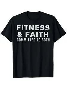 Fitness & Faith Committed To Both Vintage Distressed Motivational Christian Gym Graphic T-Shirt, Religious Workout Training Men  Crew Neck Cotton Tee