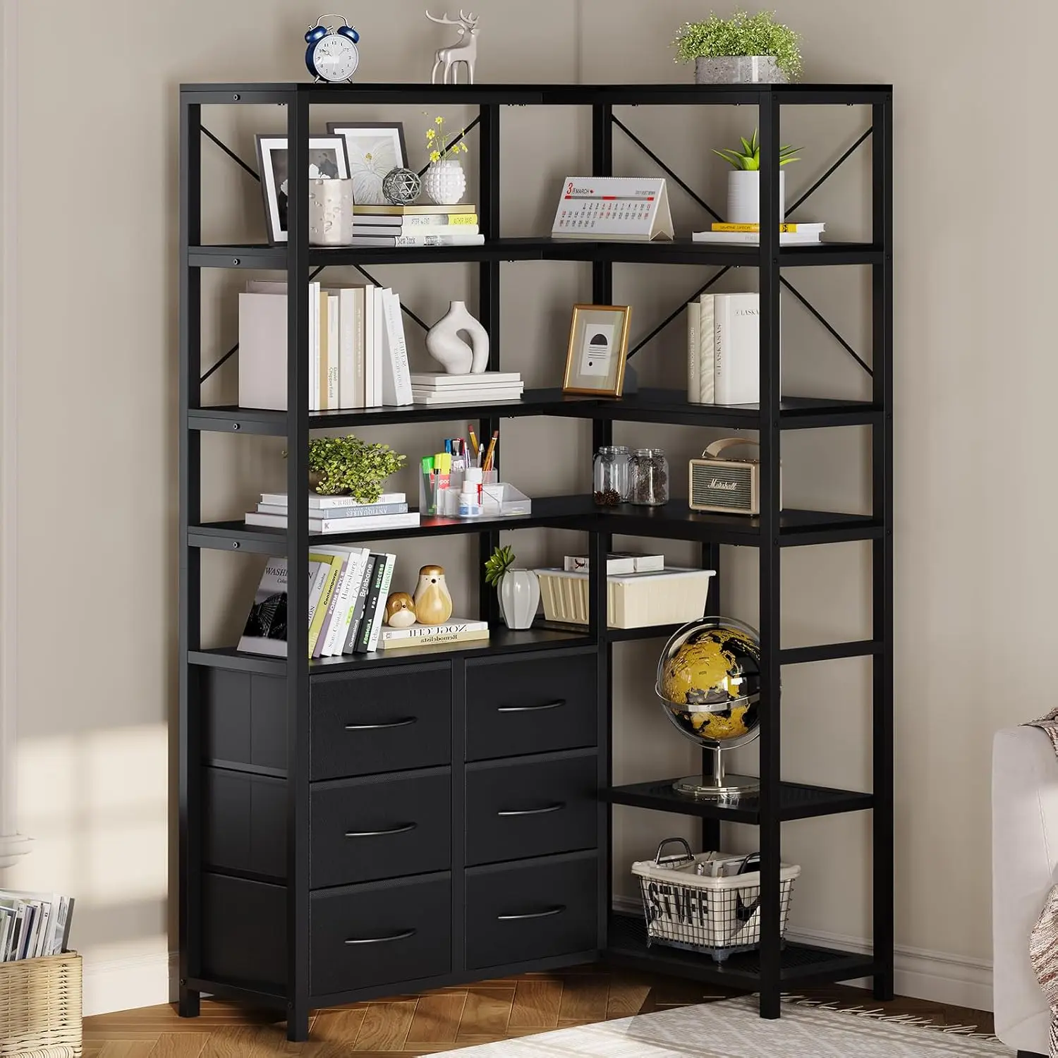 HAUOMS Pine Corner Bookshelf - 7-Tier Convertible Tall Bookcase with 6 Fabric Drawers, Industrial Space Saving Furniture for Small Room Ideas, Office Inspo, Study Setup