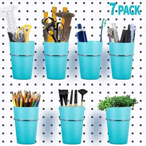 7 Sets Pegboard Bins with Rings, Ring Style Pegboard Hooks with Pegboard Cups, Pegboard Cup Holder Accessories for Organizing Storage (Blue) Metal Organiser Racks Stainless
