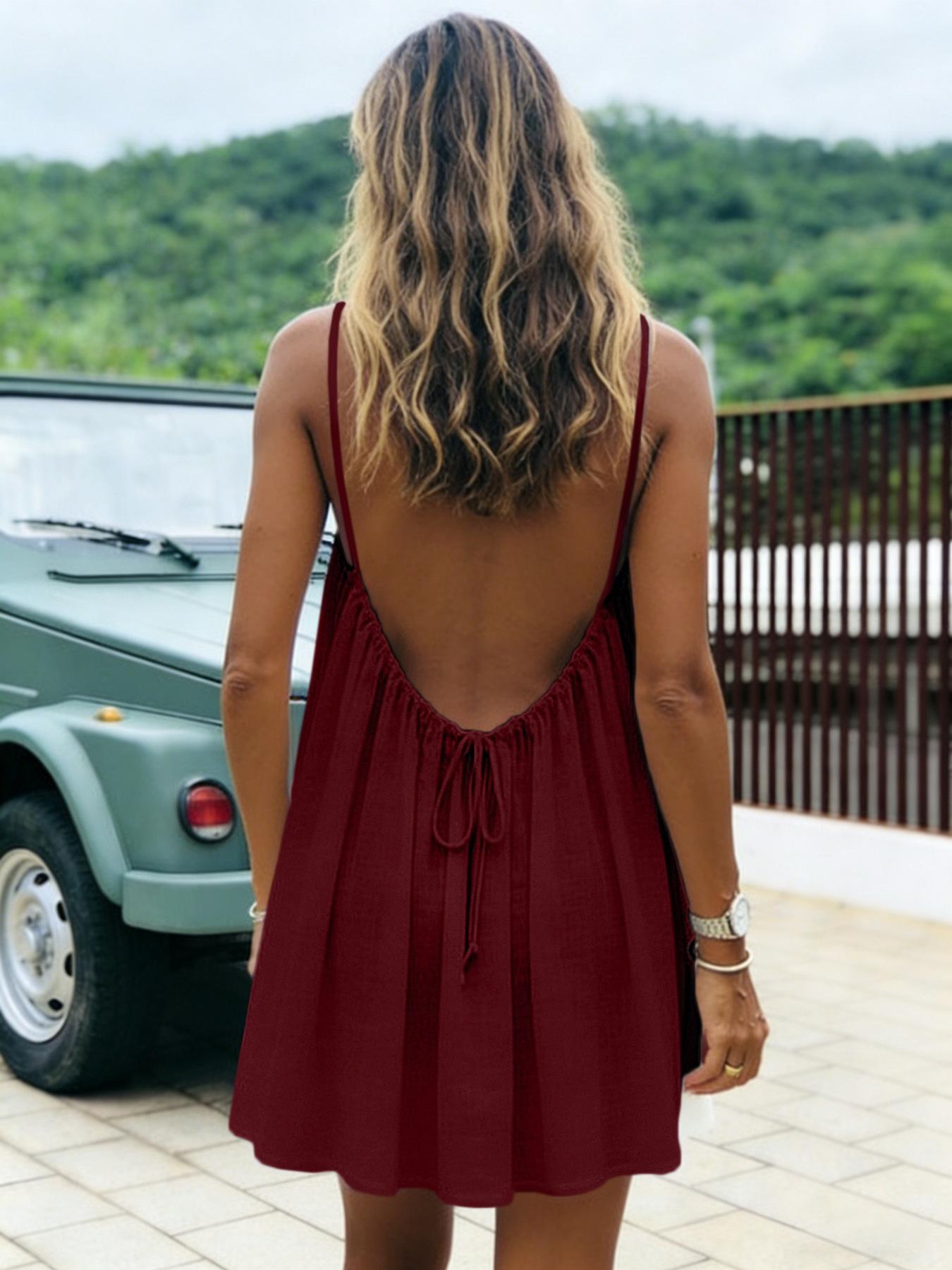 Backless Cami Dresses for Women Cami Lounge Dress Backless Solid Color Sleeveless House Dress Long Sundress with Back Tie
