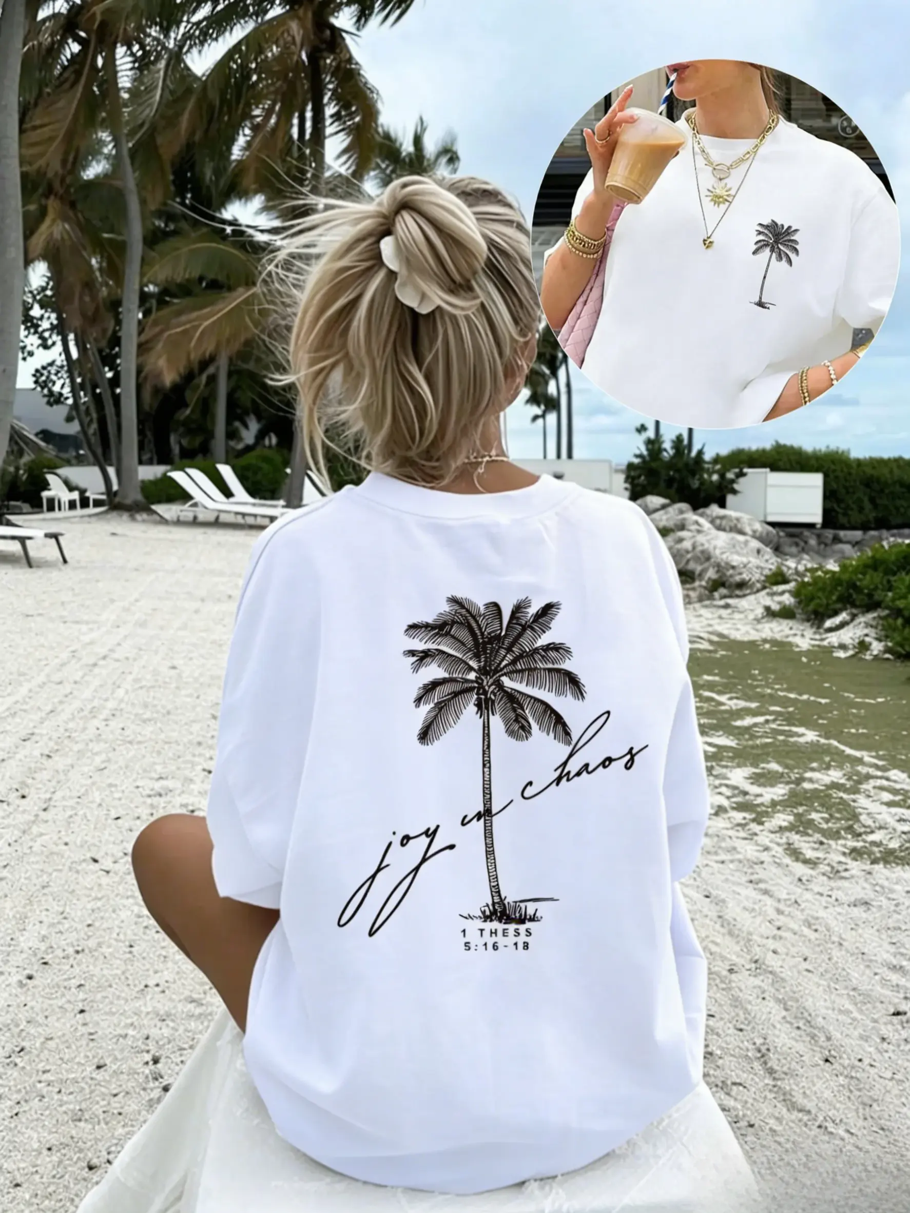 Women's Loose-Fit Cotton T-Shirt - Round Neck, Coconut Tree Print, Soft Breathable Apparel, Perfect for Everyday & Beach Wear, Stylish Multi-Purpose Women's Top, Tshirt, Printed