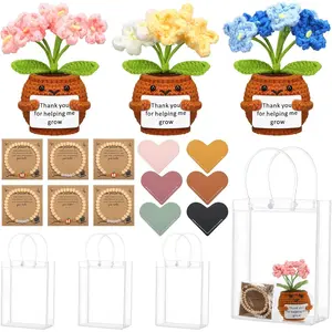 Wavwavw 3 Sets Teacher Appreciation Gifts Thank You for Helping Me Grow Crochet Doll with Card Bracelets Heart Leather Bookmarks Graduation Gift from Student Office Home Supplies(Forget Me Not)