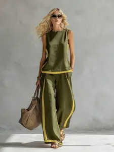 Women's Casual Fashion Two-Piece Set, Colorblock High-Waisted Pants + Round Neck Sleeveless Blended Cotton Linen Top, Comfortable Fit