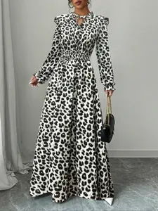 Women's Leopard Self-Belted Dress, Spring Long Sleeve A-Line Skirt, Waist Cinching Slimming Set
