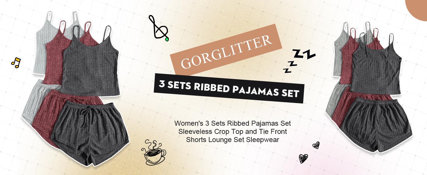 Women's 3 Sets Ribbed Pajamas Set Sleeveless Crop Top and Tie Front Shorts Lounge Set Sleepwear Loungewear