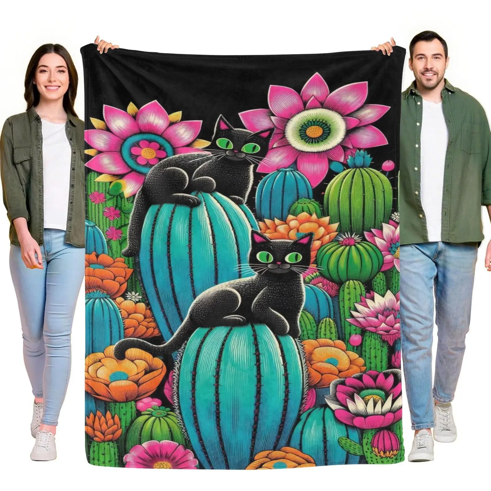 Flannel Throw Blanket Two Black Cats Cactus Vibrant Desert Flower Black Background Folk Art Wildlife Warm Throw Blanket