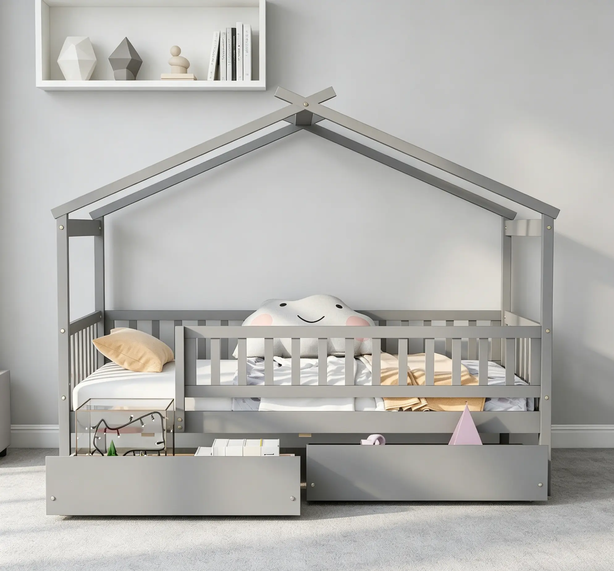 Twin Size Wooden House Bed Frame with 2 Drawers, Sturdy Indoor Bedroom Furniture