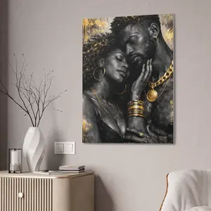 Black Love Embrace Canvas — Wall Art with Gold Accents